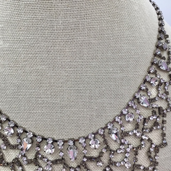 Vintage Rhinestone Bib Necklace, Sparkly Clear Crystal Statement Necklace - Picture 6 of 15